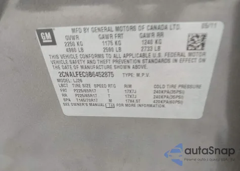 2011 Chevrolet Equinox Ltz from USA, damaged, VIN 2CNALFEC9B6452875